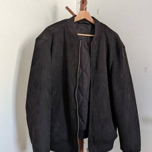Zara Men's Black Faux Suede Quilted Bomber Jacket - Size Large